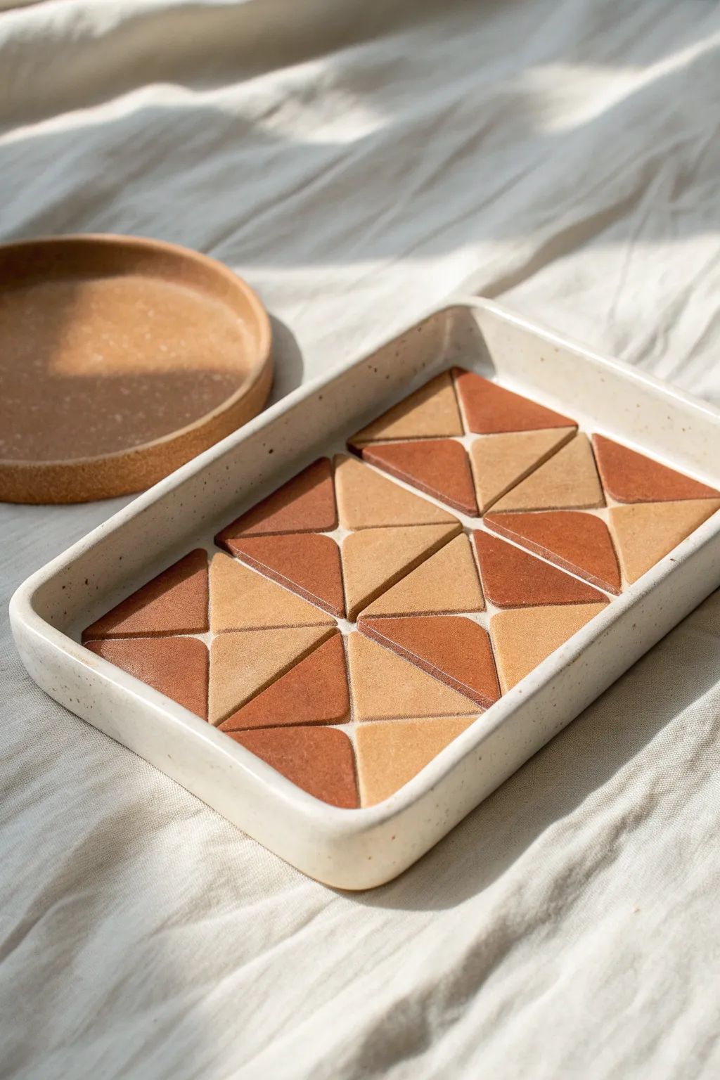 Minimal terracotta mosaic tray insert in warm earthy tones, simple shapes and modern pattern