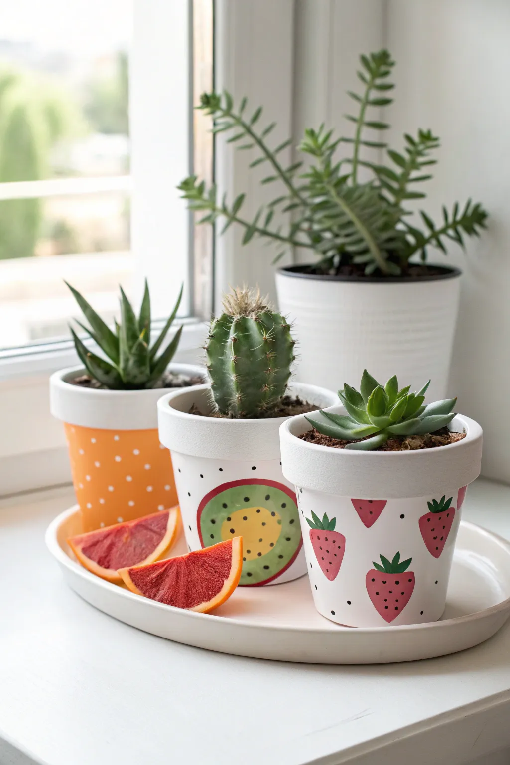 Paint mini terracotta pots as citrus, watermelon and strawberry slices for a fresh summer vibe.