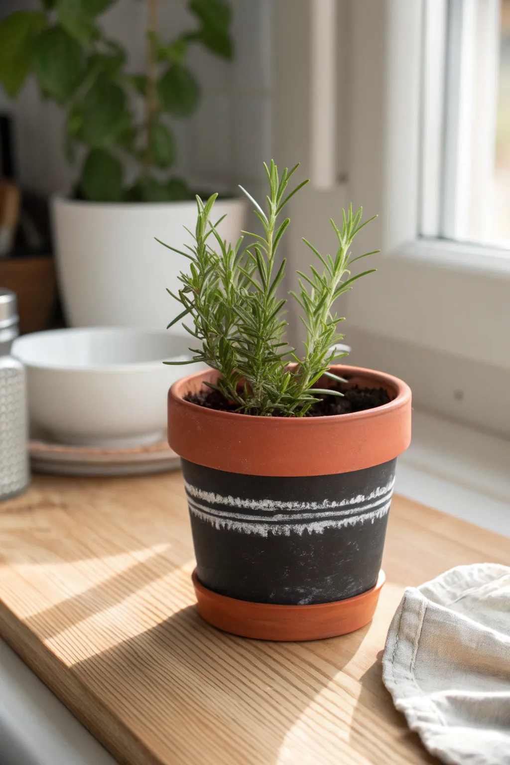 Minimal terracotta herb pot with a blank chalkboard band, perfect for simple labels and gifting.