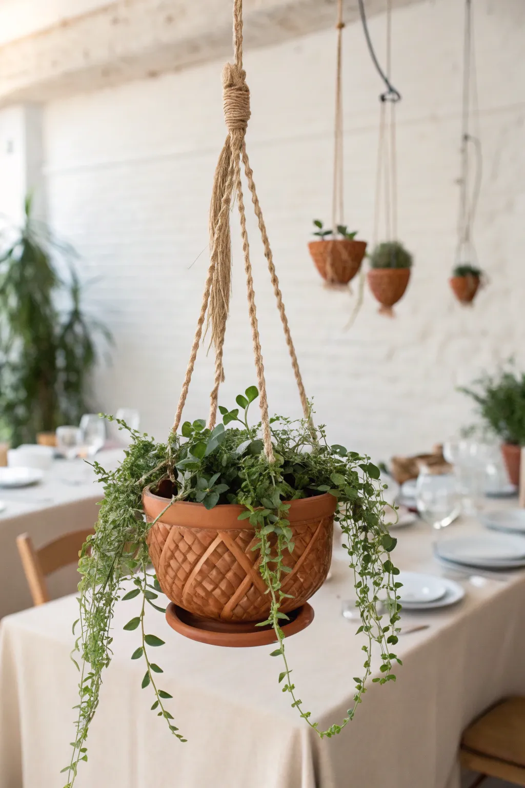 Hanging terracotta planter with trailing greens adds airy, earthy charm above the wedding table