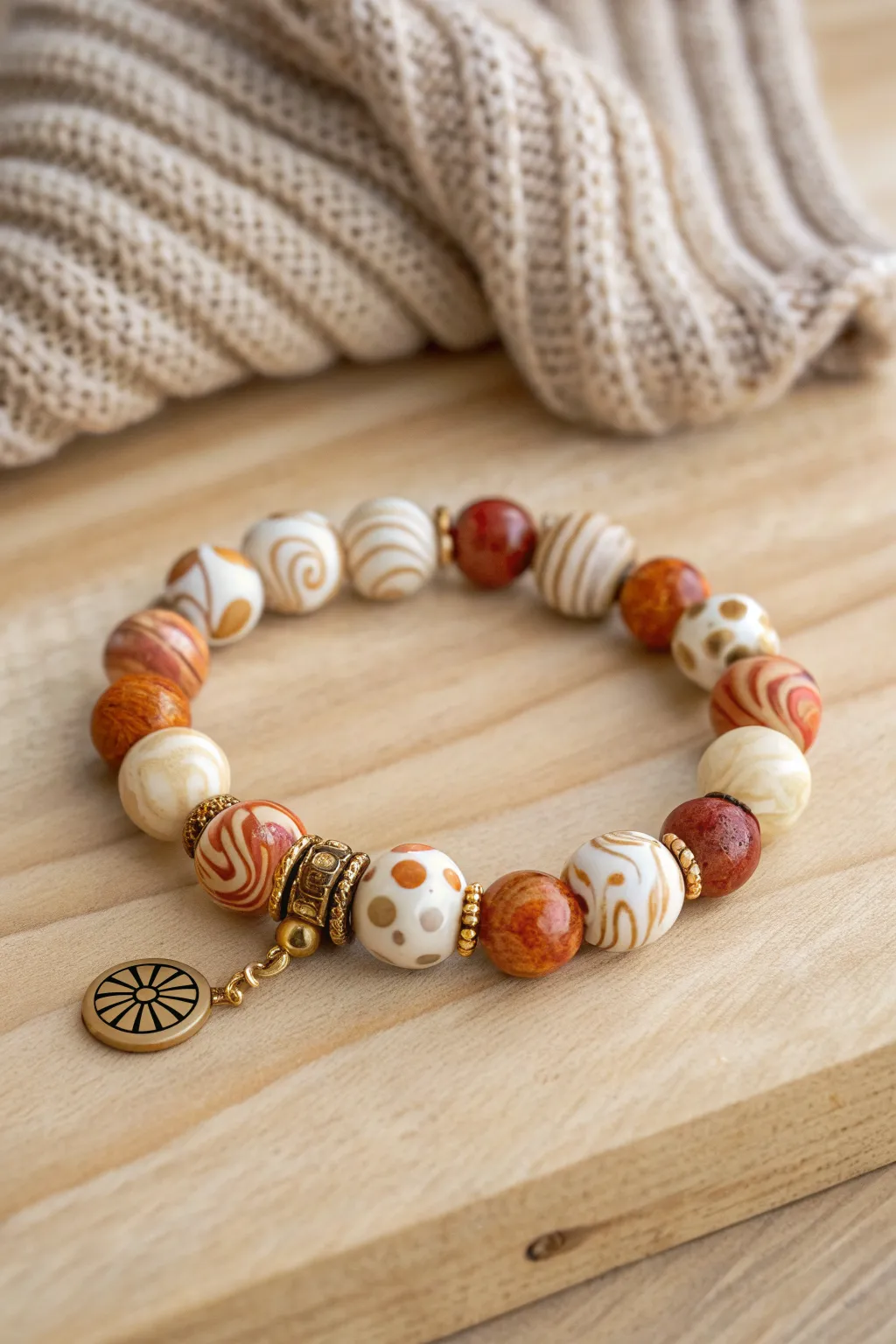 Cozy fall bracelet with marbled cream, orange, and brown clay beads mixed with simple heishi.