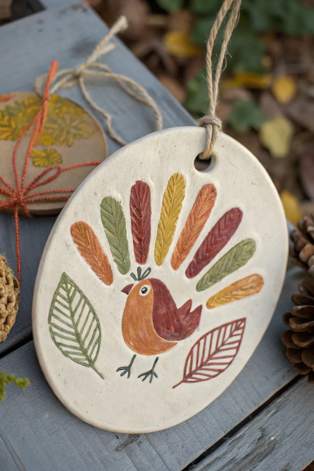 Minimalist handprint turkey clay plaque in warm autumn tones, perfect as a Thanksgiving keepsake