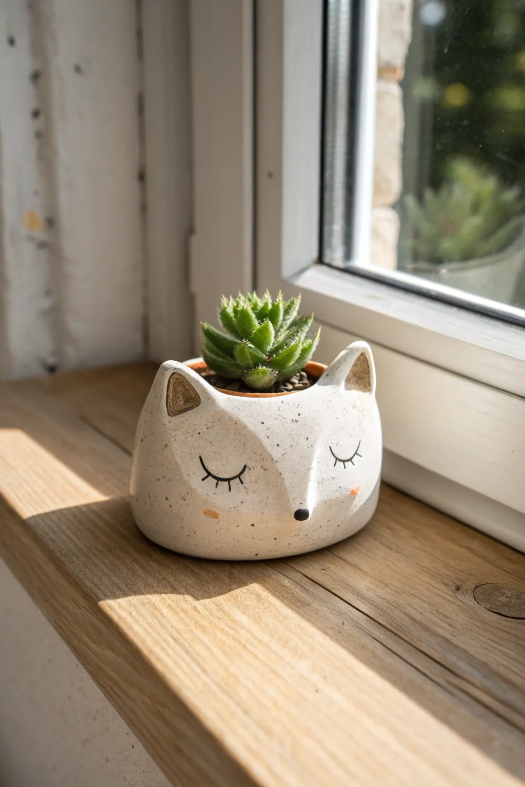 Minimal theriotype face planter in speckled clay, styled on a sunlit windowsill