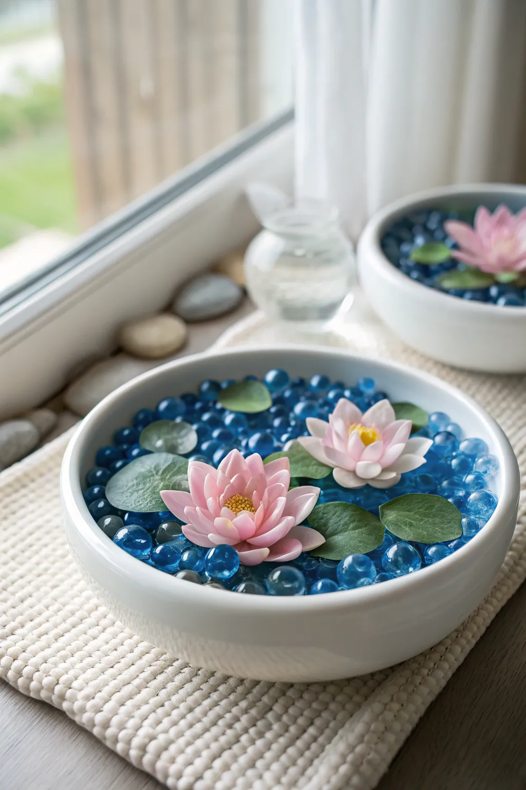 Mini polymer clay lily pads floating on blue beads, a serene fairy pond for your shelf decor