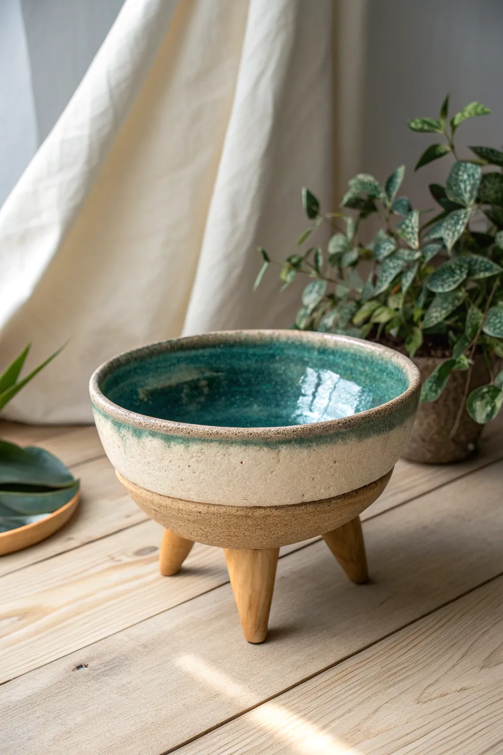 Glaze-break tripod bowl with bright edge highlights and deep pooling for dramatic contrast.