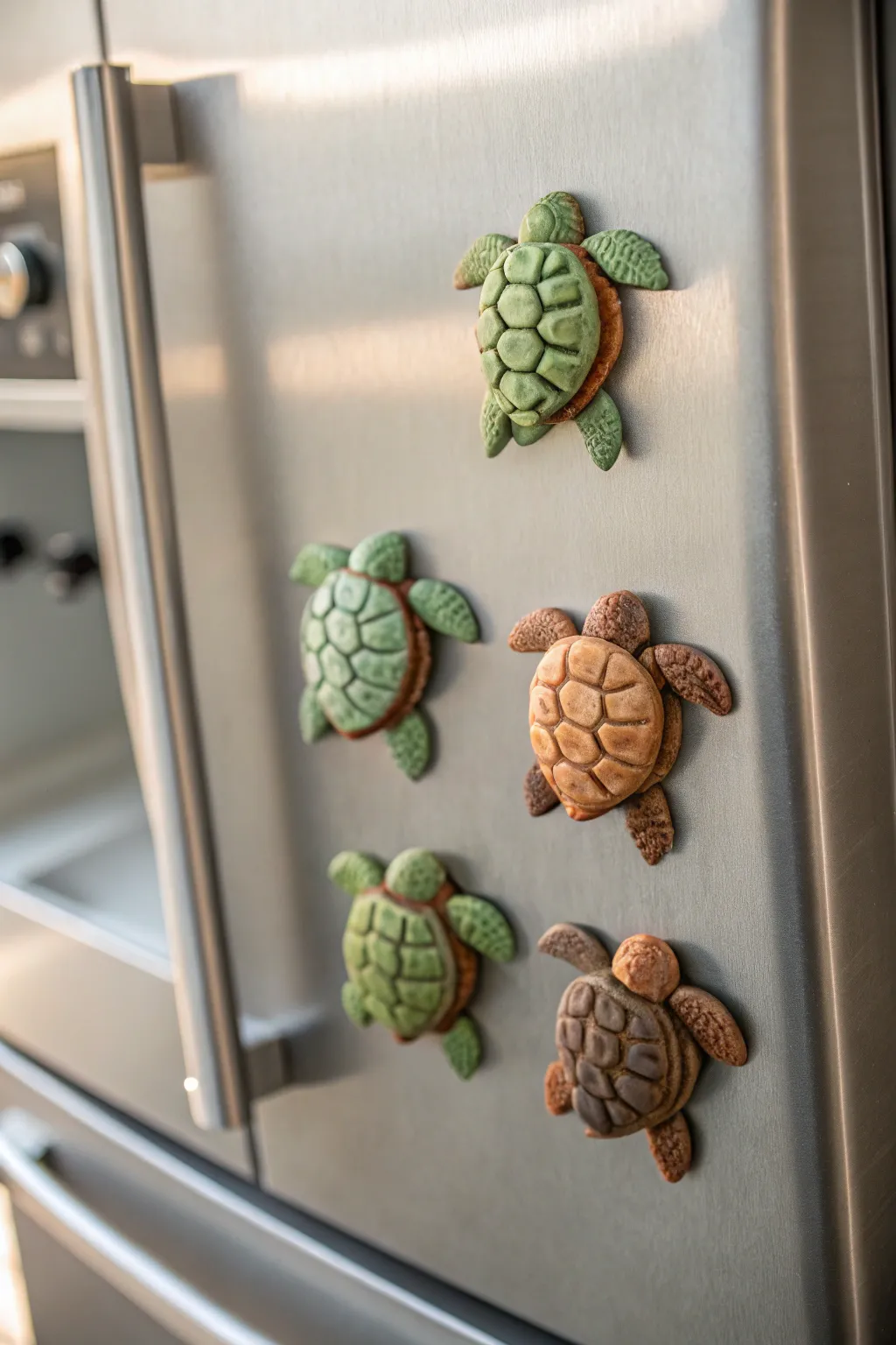 Four earthy clay turtle magnets in a tidy grid, styled on brushed metal for clean contrast.