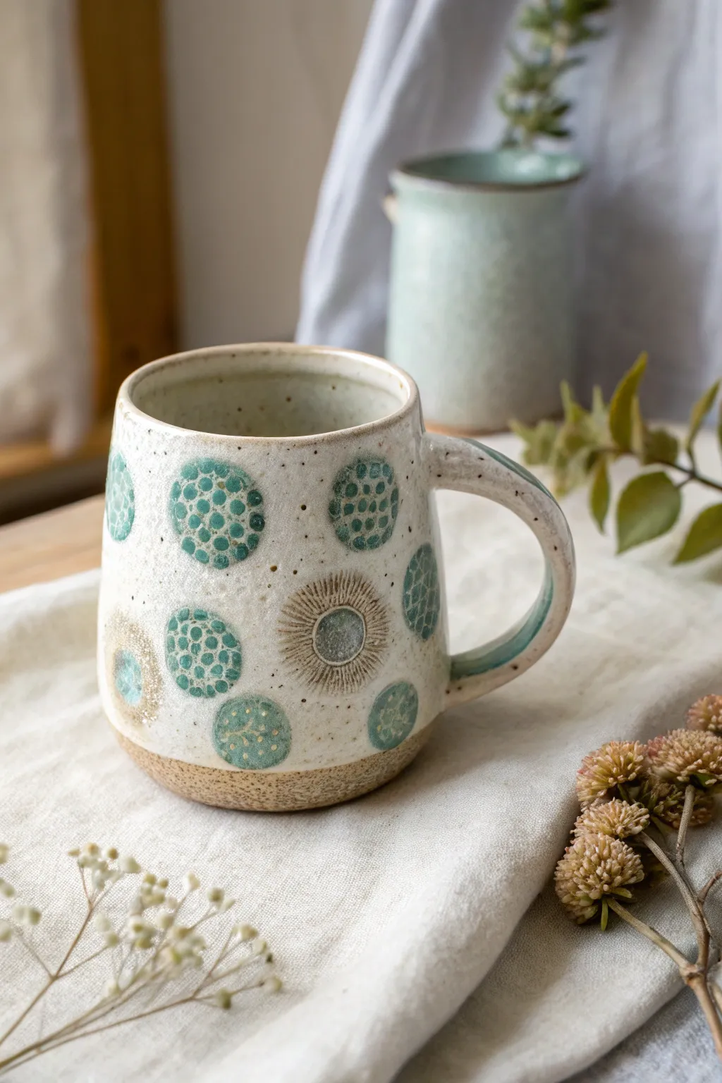 Bubble underglaze cells in teal and terracotta, sealed in clear glaze for an organic glow