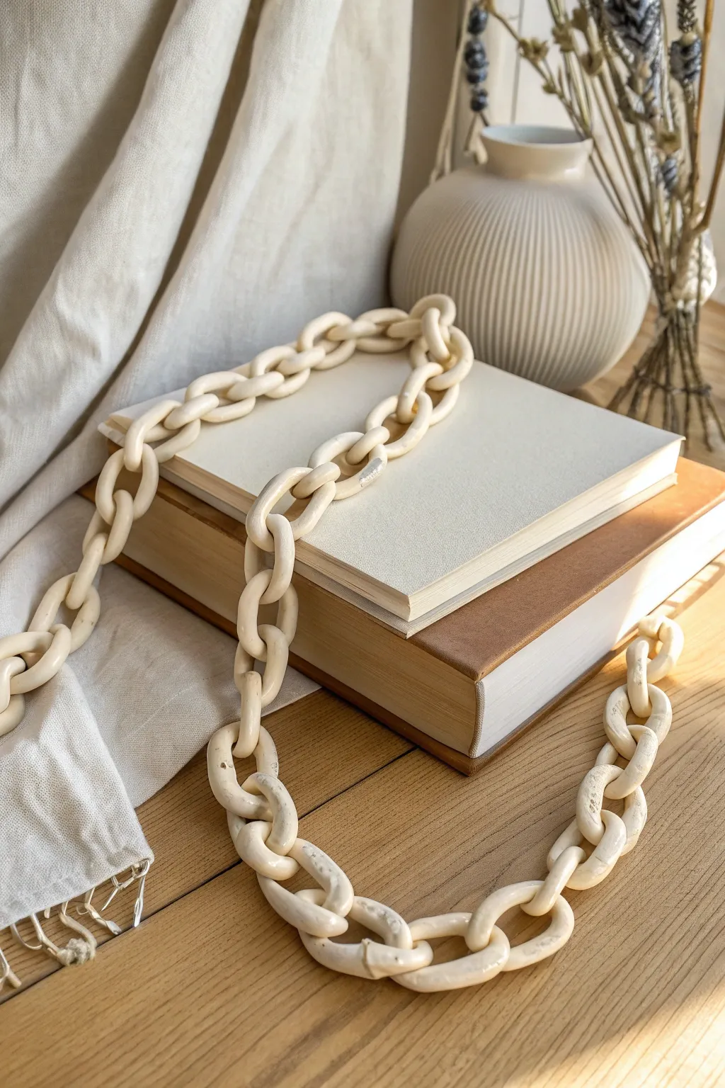 Chunky matte clay chain links draped over neutral books for minimalist boho shelf styling
