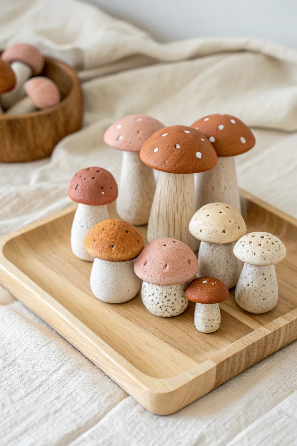 Mini clay mushroom collection in mixed sizes, styled on an oak tray with warm, cozy light