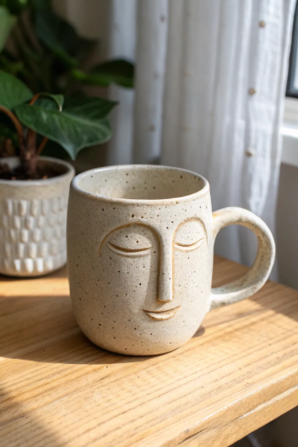 Minimal face-sculpted clay mug in a single glaze, a quirky character piece with calm Nordic vibes.