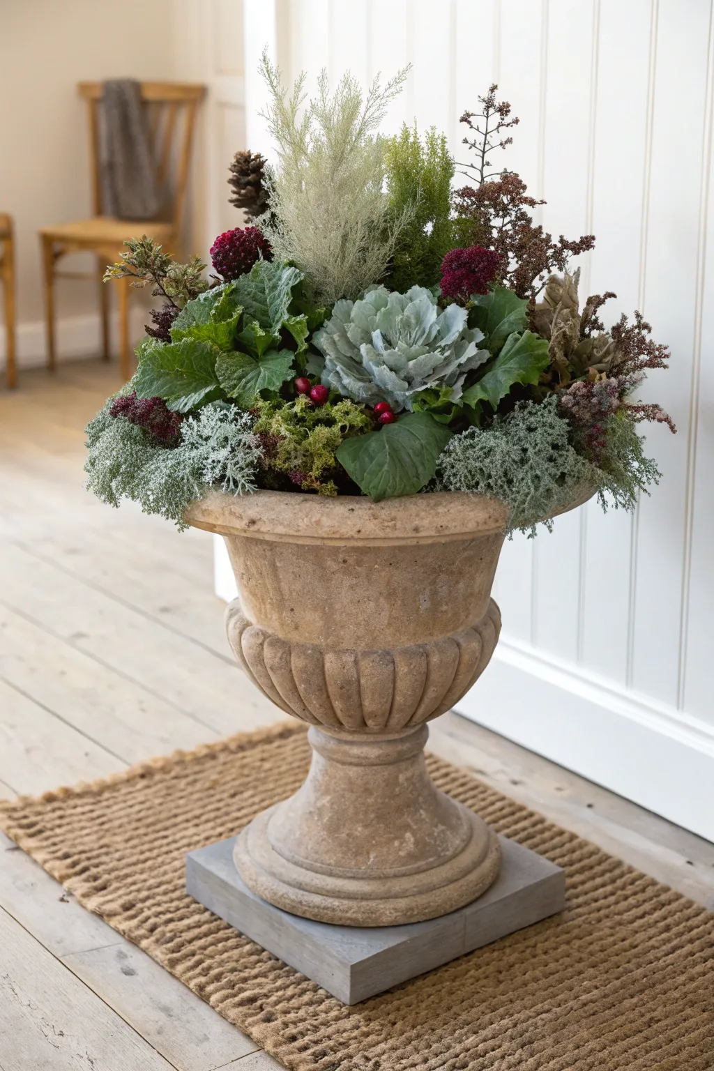 Seasonal swap made simple: one pedestal urn, refreshed with a new mix of blooms and greens.