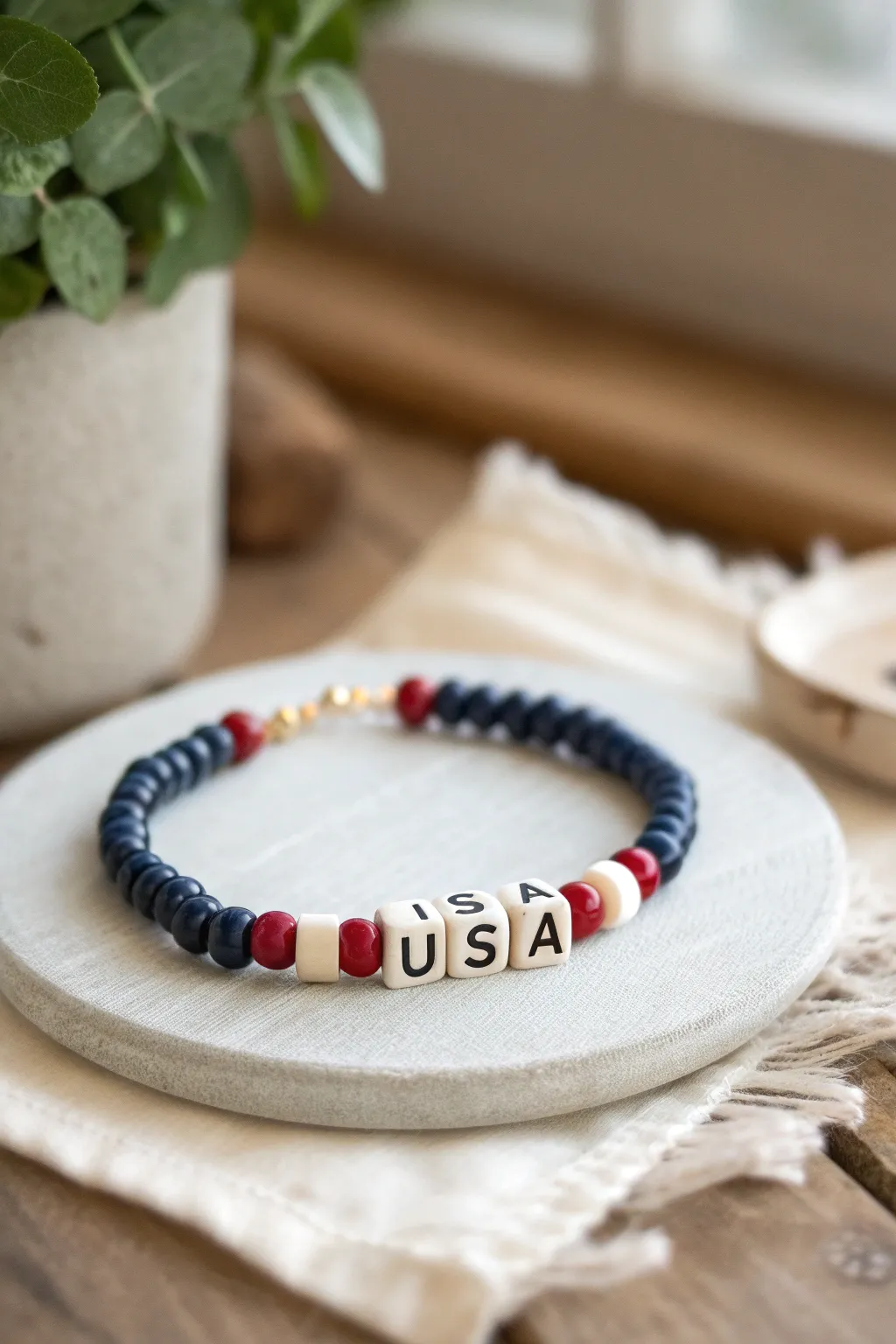 Navy, cream, and muted red heishi clay beads for a soft vintage Americana 4th of July bracelet.