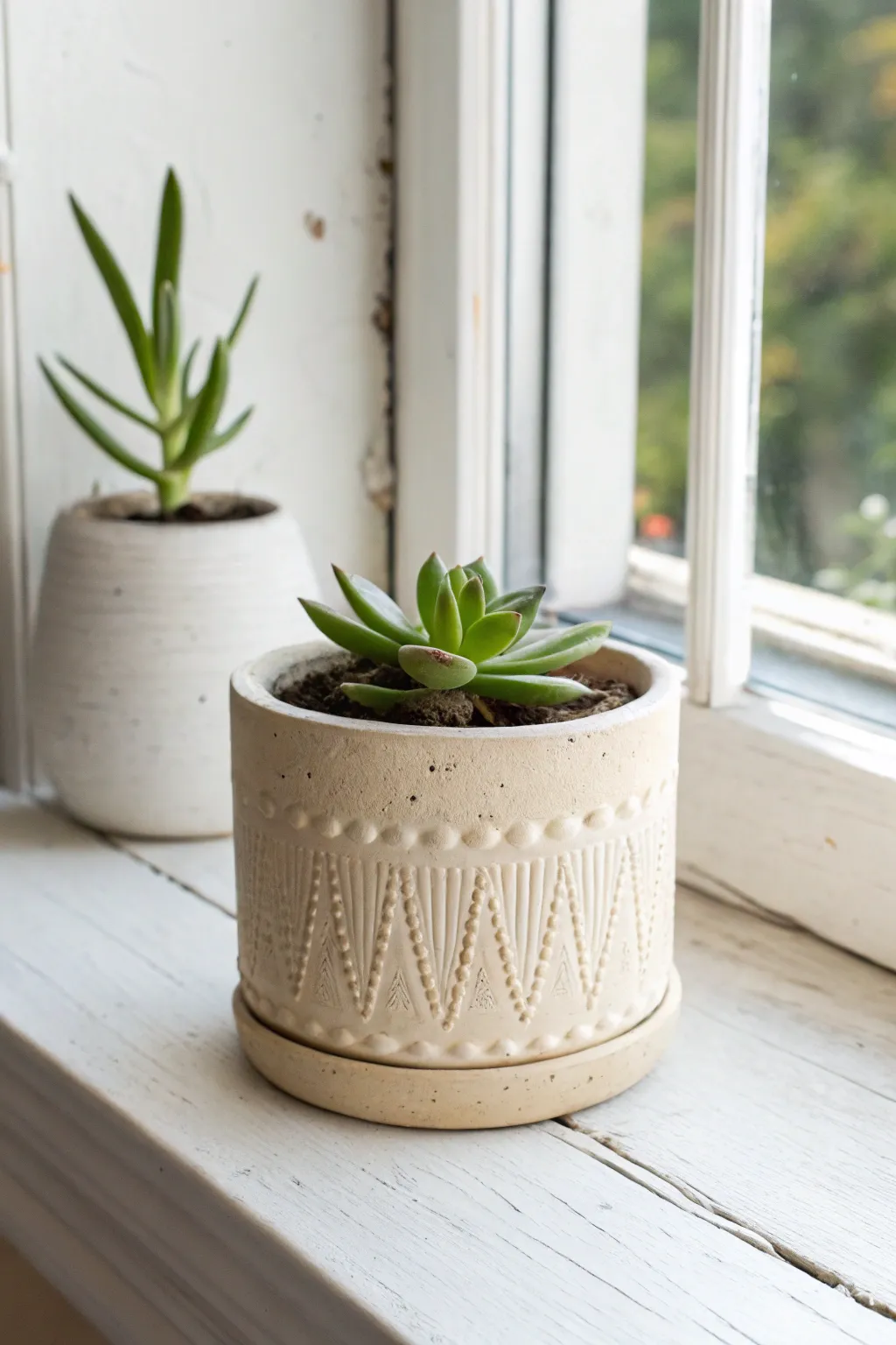 Minimal air dry clay planter sleeve with textured detail, perfectly sized for a succulent insert