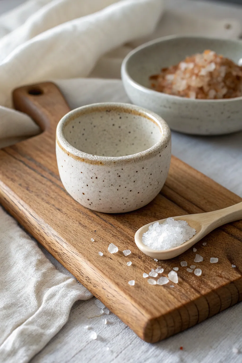 Minimal pinch pot salt cellar with tiny scoop, ready for cozy cooking nights and easy seasoning.