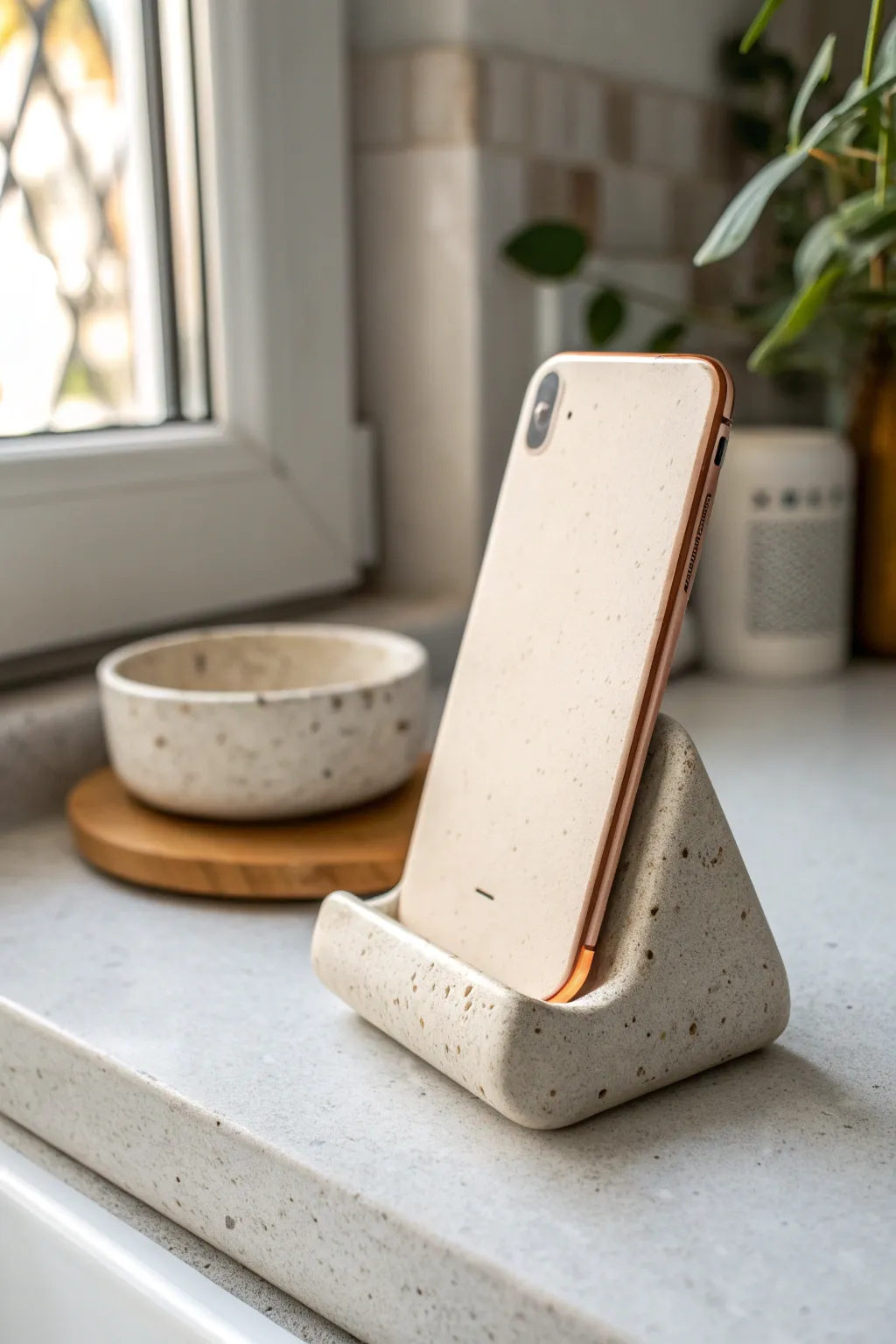 Minimal polymer clay phone stand: clean groove, stable shape, and calm Scandinavian style.