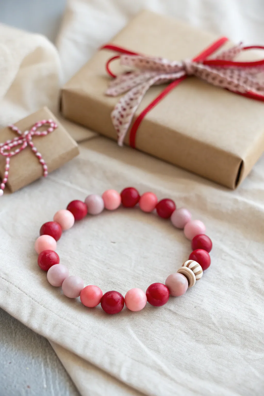 Red and blush clay bead bracelet with a sweet bow accent, styled like a tiny wrapped gift.