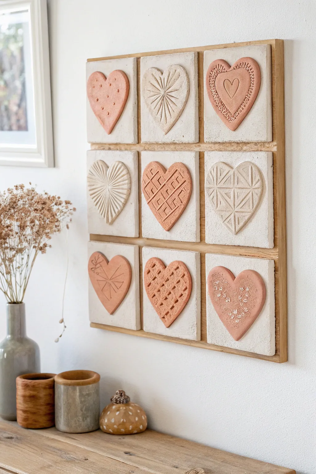 Minimal heart tile grid in soft blush clay, perfect Valentines decor with handmade charm.