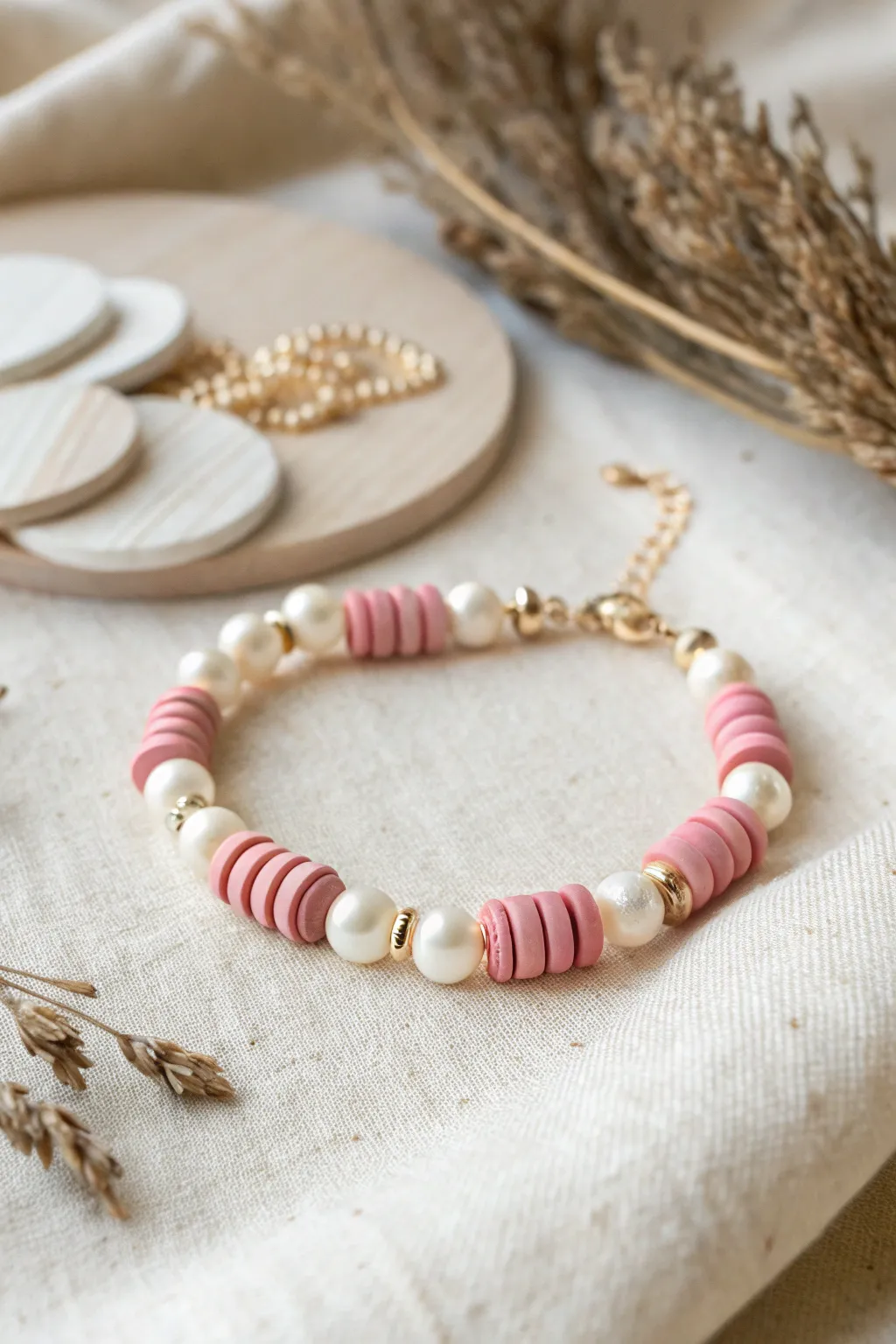Soft faux pearls and blush clay discs create a romantic stackable bracelet for Valentines Day.