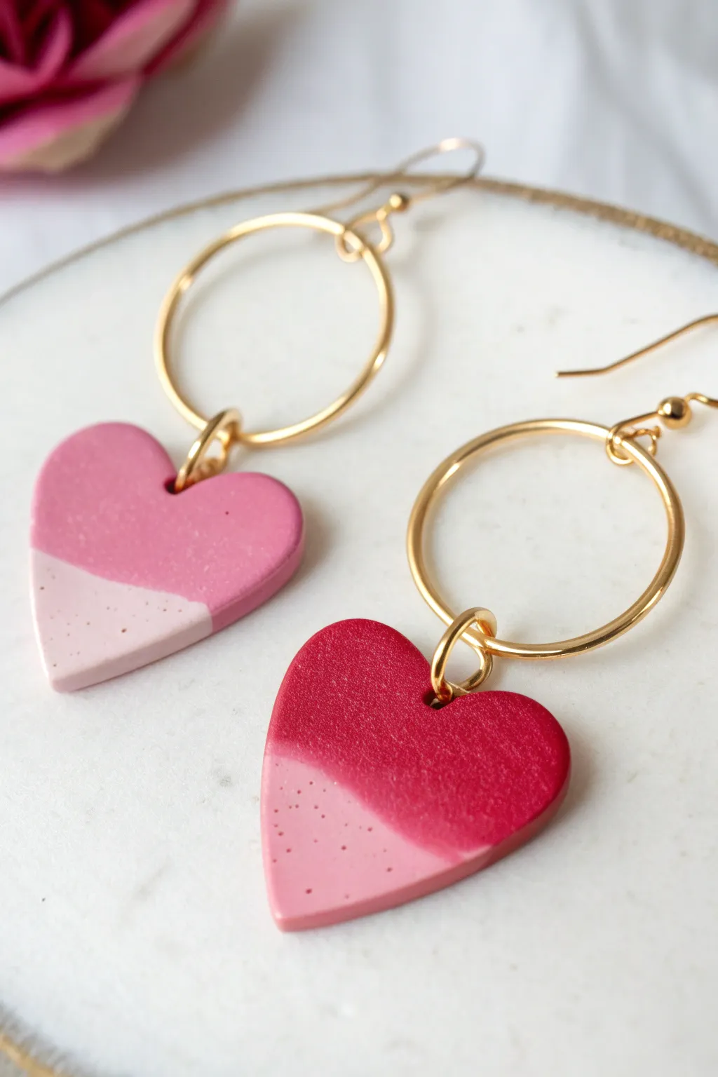 Pink ombre heart hoop earrings in minimalist style, perfect for easy Valentine clay projects.