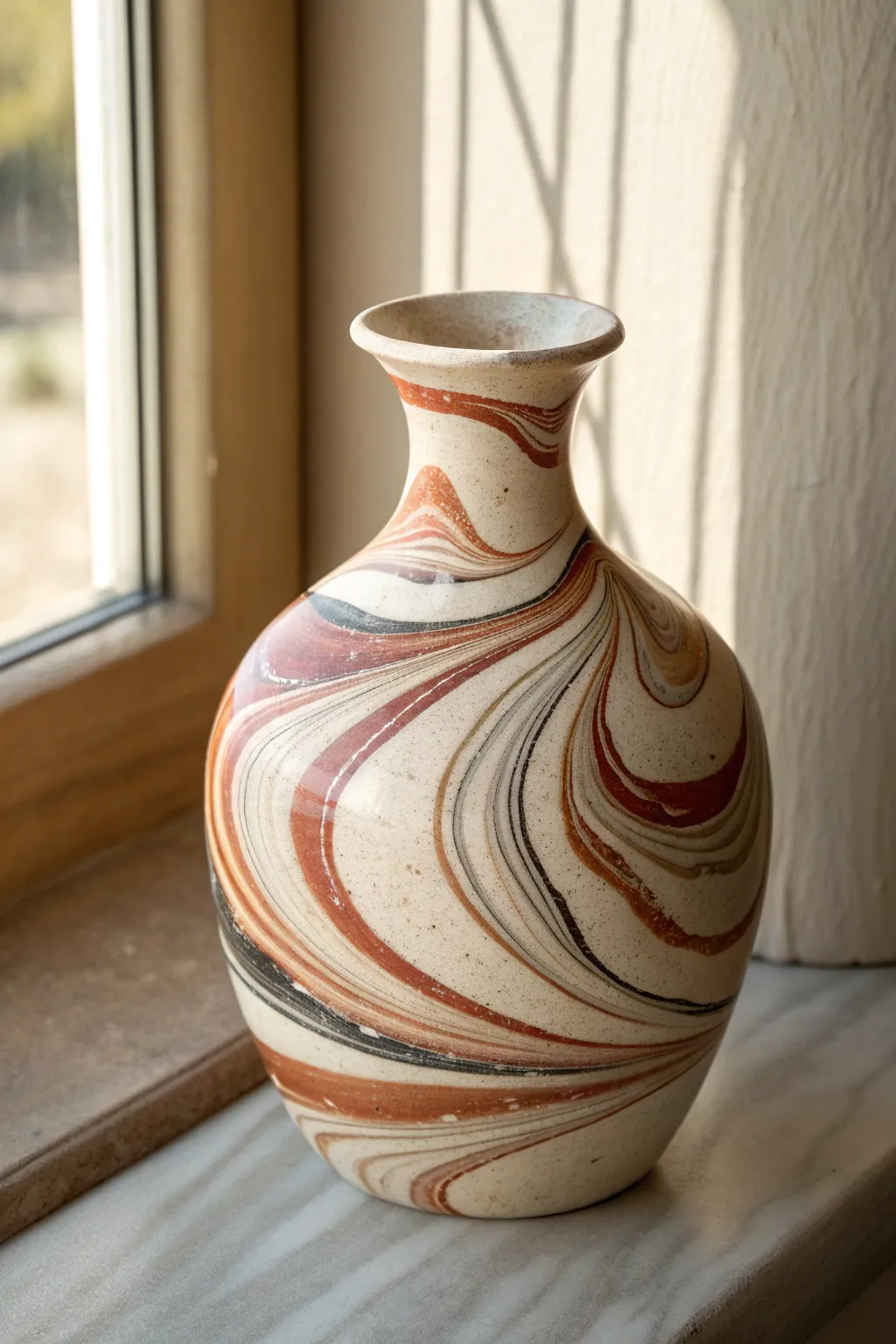 Marbled swirl glaze in ivory, terracotta, and charcoal for a modern liquid-stone vase look.