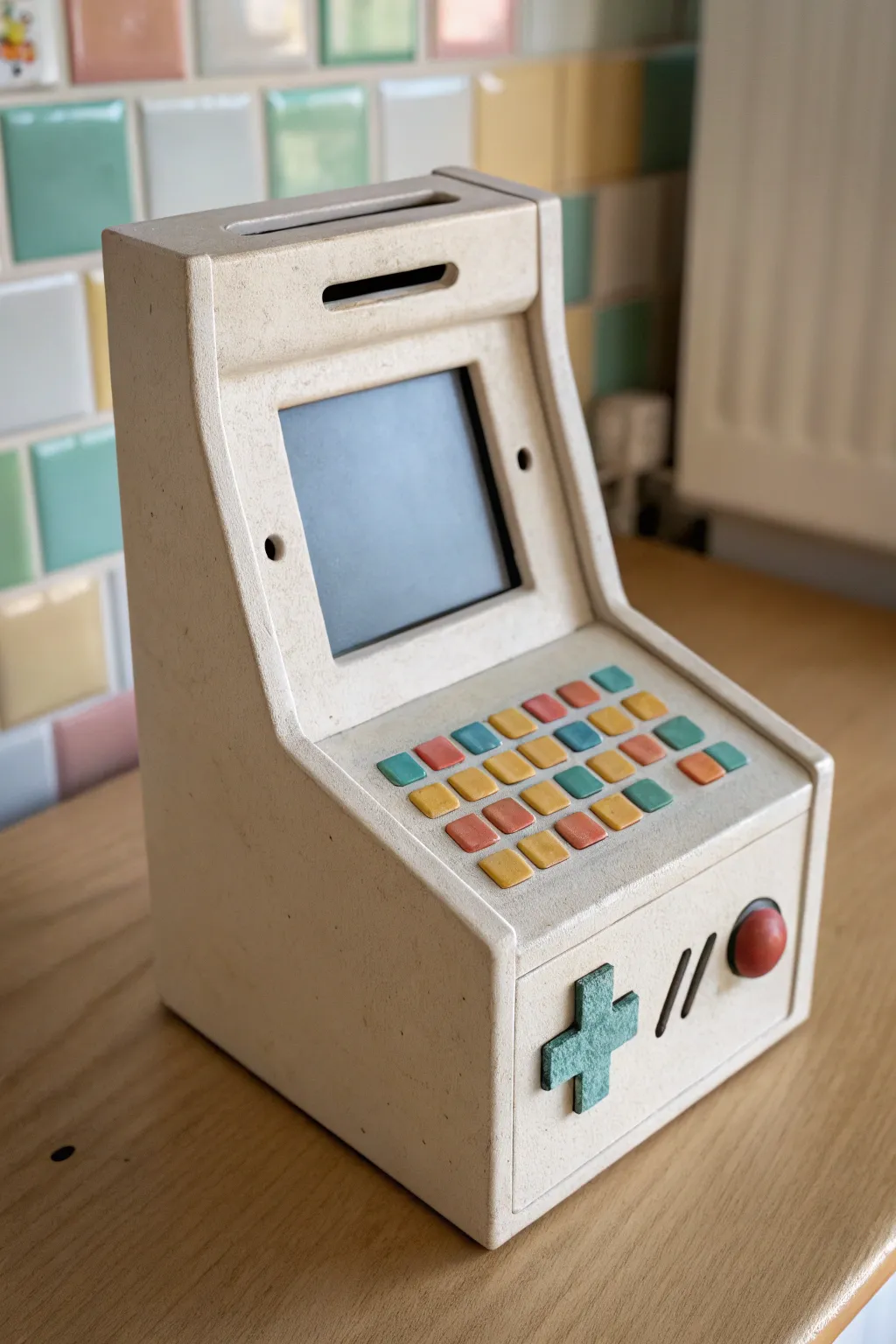 Mini arcade cabinet coin bank in clay with a colorful pixel screen, simple Scandinavian boho styling