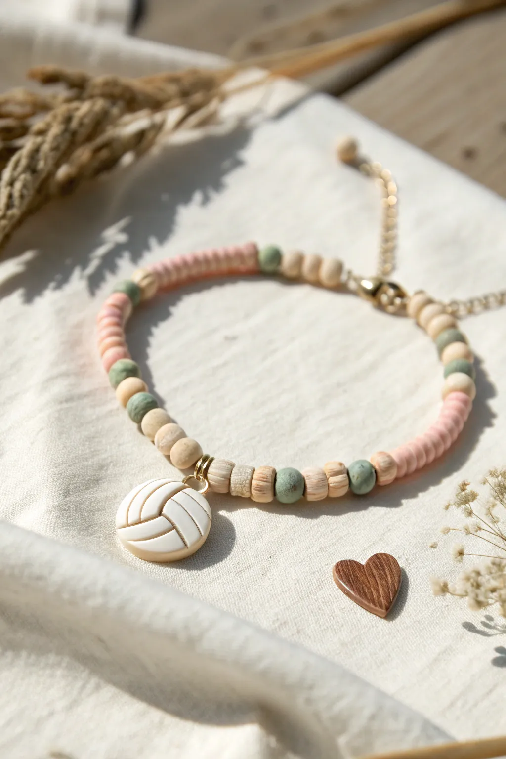 Sweet heart-and-volleyball clay bead bracelet in soft neutrals, perfect for teammate gifting.