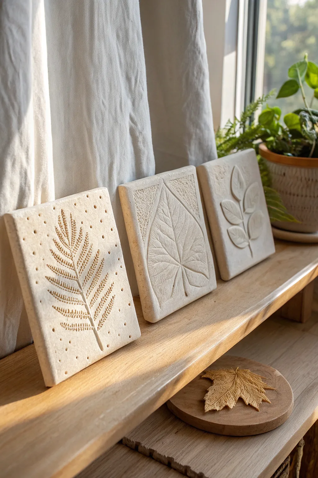 Stamped clay texture tiles with lace, leaf and dot patterns, styled as mini wall art on a shelf