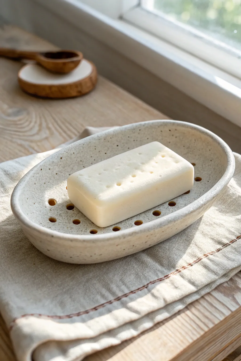 Minimal wheel-thrown soap dish with drain holes and a lifted foot, styled in soft natural light.
