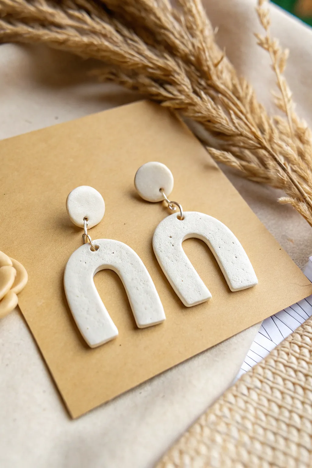Minimal white clay arch earrings on neutral card, matte texture and clean Scandinavian boho vibe