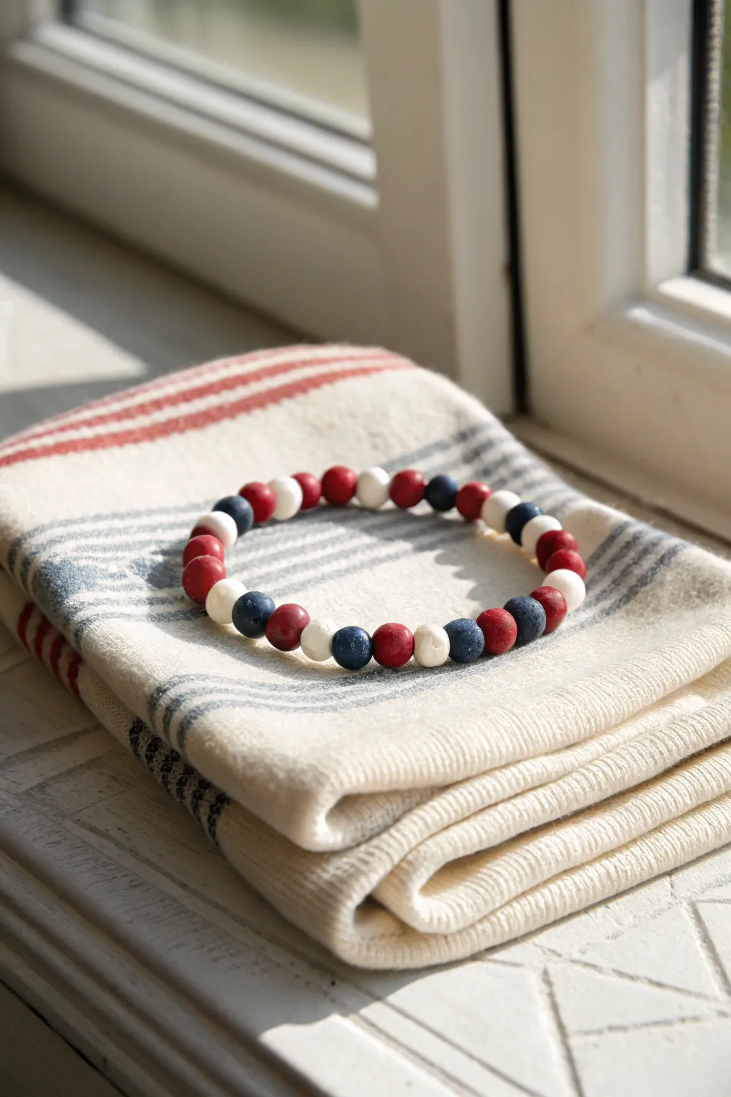 Cozy winter clay bead bracelet with Nordic color bands in a clean Scandinavian styling.