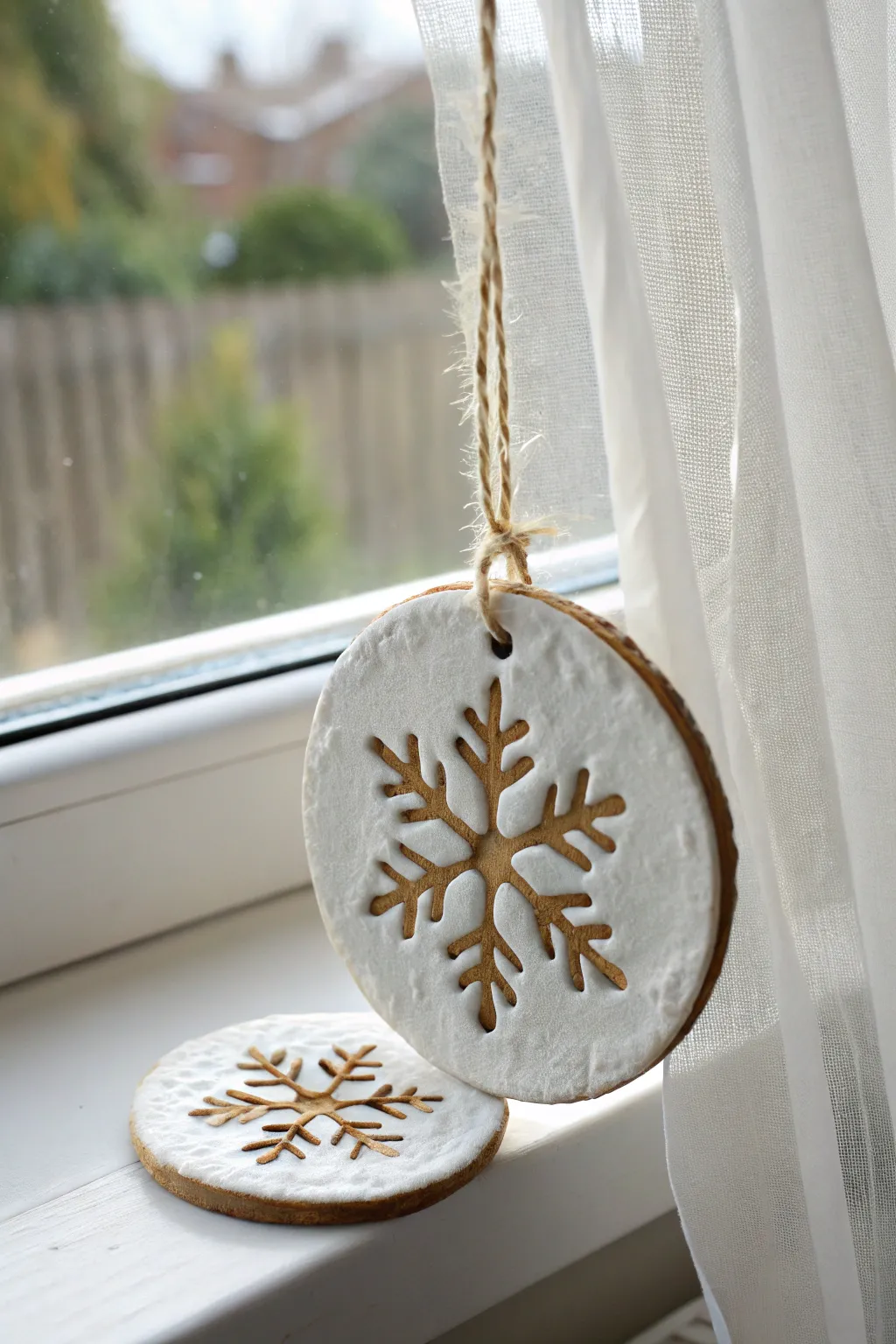 Frosted clay snowflake suncatcher disc catching winter light by the window, simple and cozy.