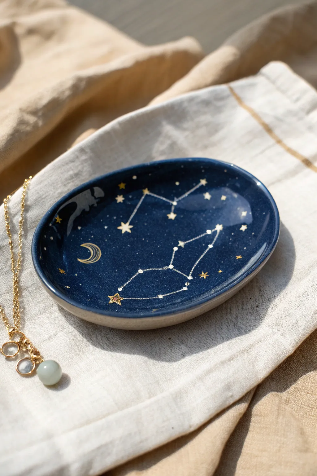 Night-sky star map trinket tray, a magical bedside catchall with minimalist boho charm.