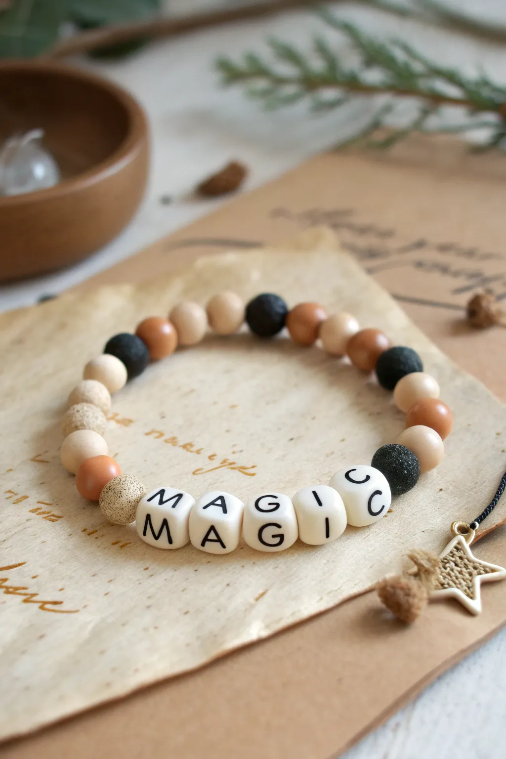 Neutral spell bracelet in parchment tones with handmade clay beads and subtle MAGIC charm