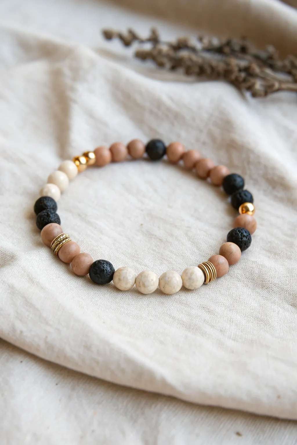 Yin-yang clay bead bracelet with balanced light and dark tones in a clean minimalist flat lay