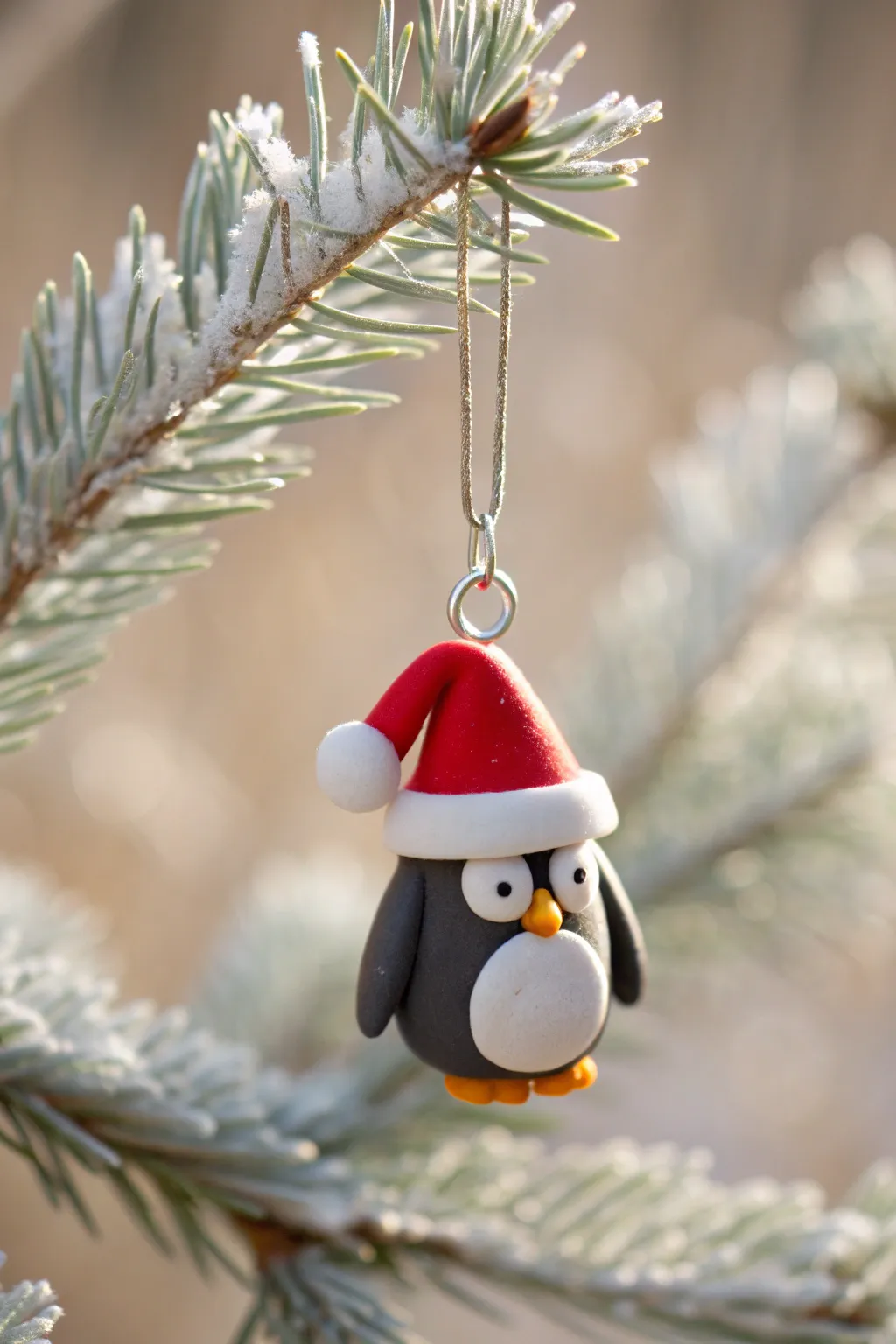 Cozy polymer clay penguin ornament in a Santa hat, minimalist winter charm for your tree