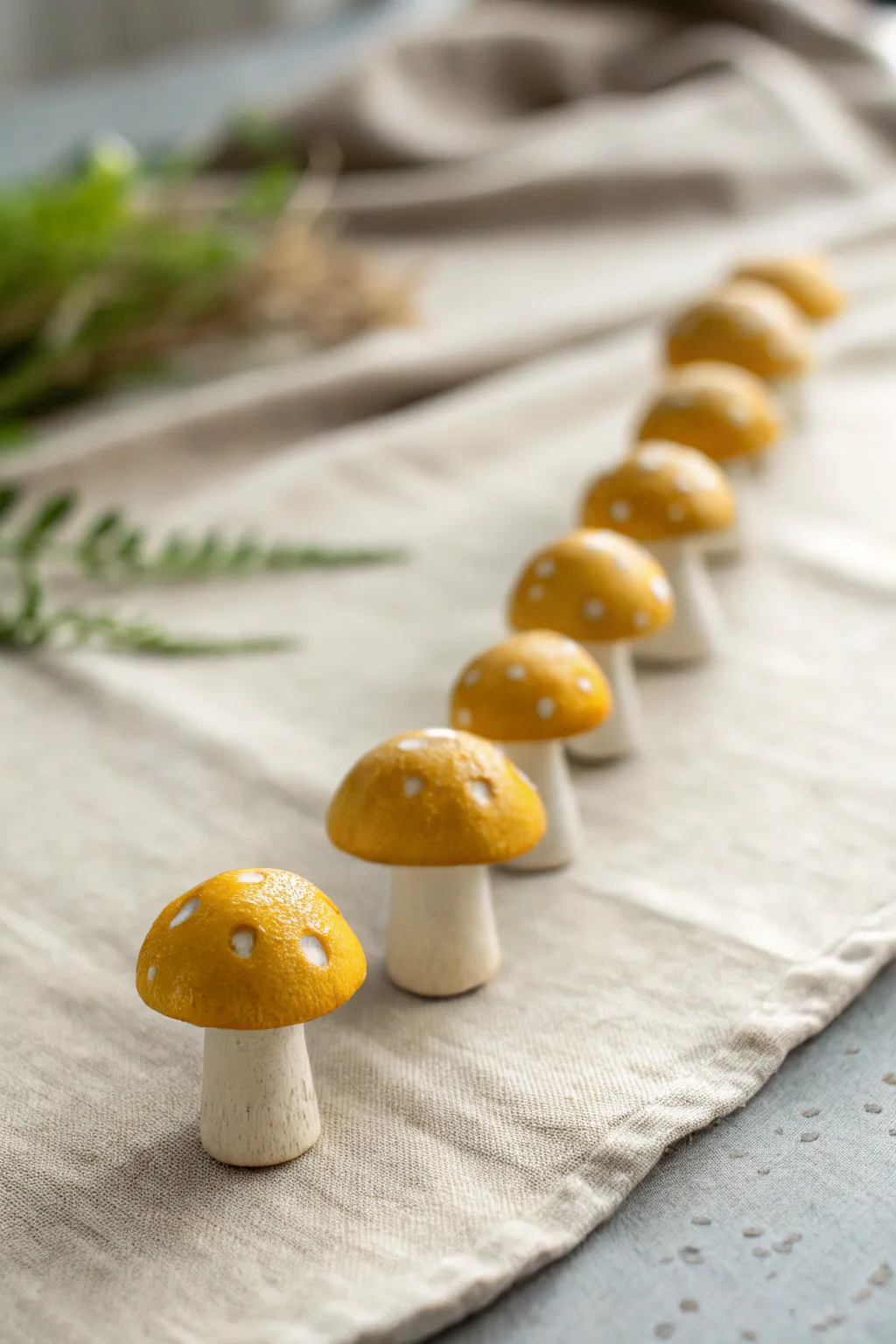 Golden yellow clay mushroom minis, a sweet minimalist forest lineup with cozy handmade charm