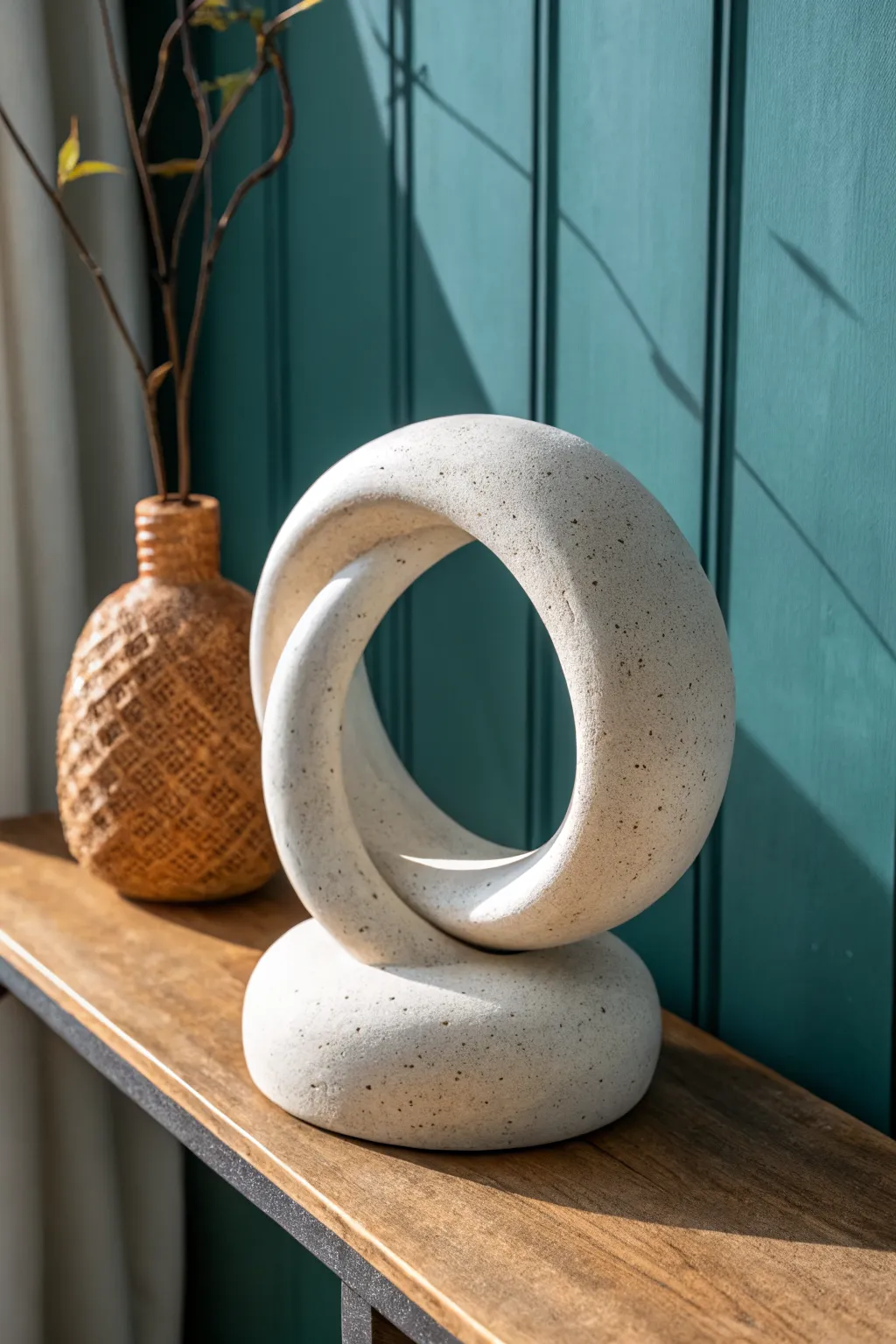 Minimal loop ceramic sculpture with bold negative space, Scandinavian calm with a boho color pop.