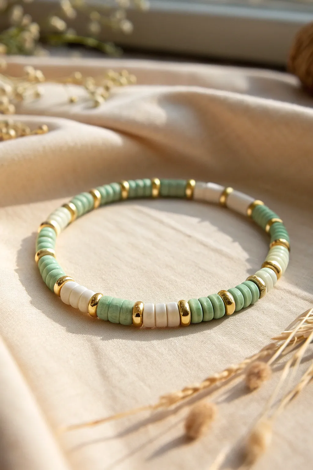 Cream and sage heishi checkerboard bracelet, minimalist boho vibe with clean bold contrast.