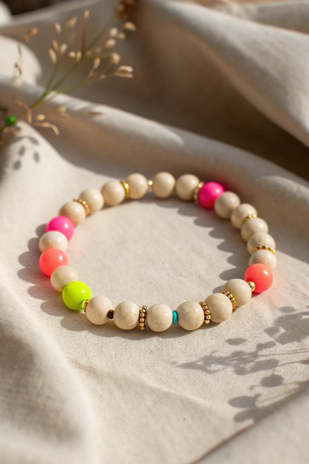 Cream clay bead bracelet with neon pops and gold spacers for a calm-yet-bold Pinterest vibe.