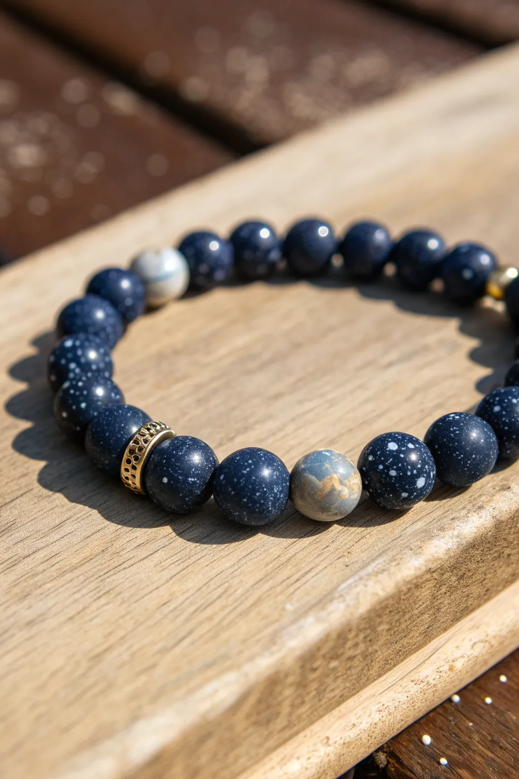Midnight galaxy blue clay bead bracelet with soft speckles, bold contrast, and minimalist charm.
