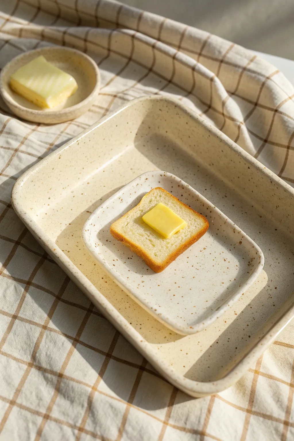 Toast and butter clay trinket tray with cozy morning light and a playful, minimal vibe