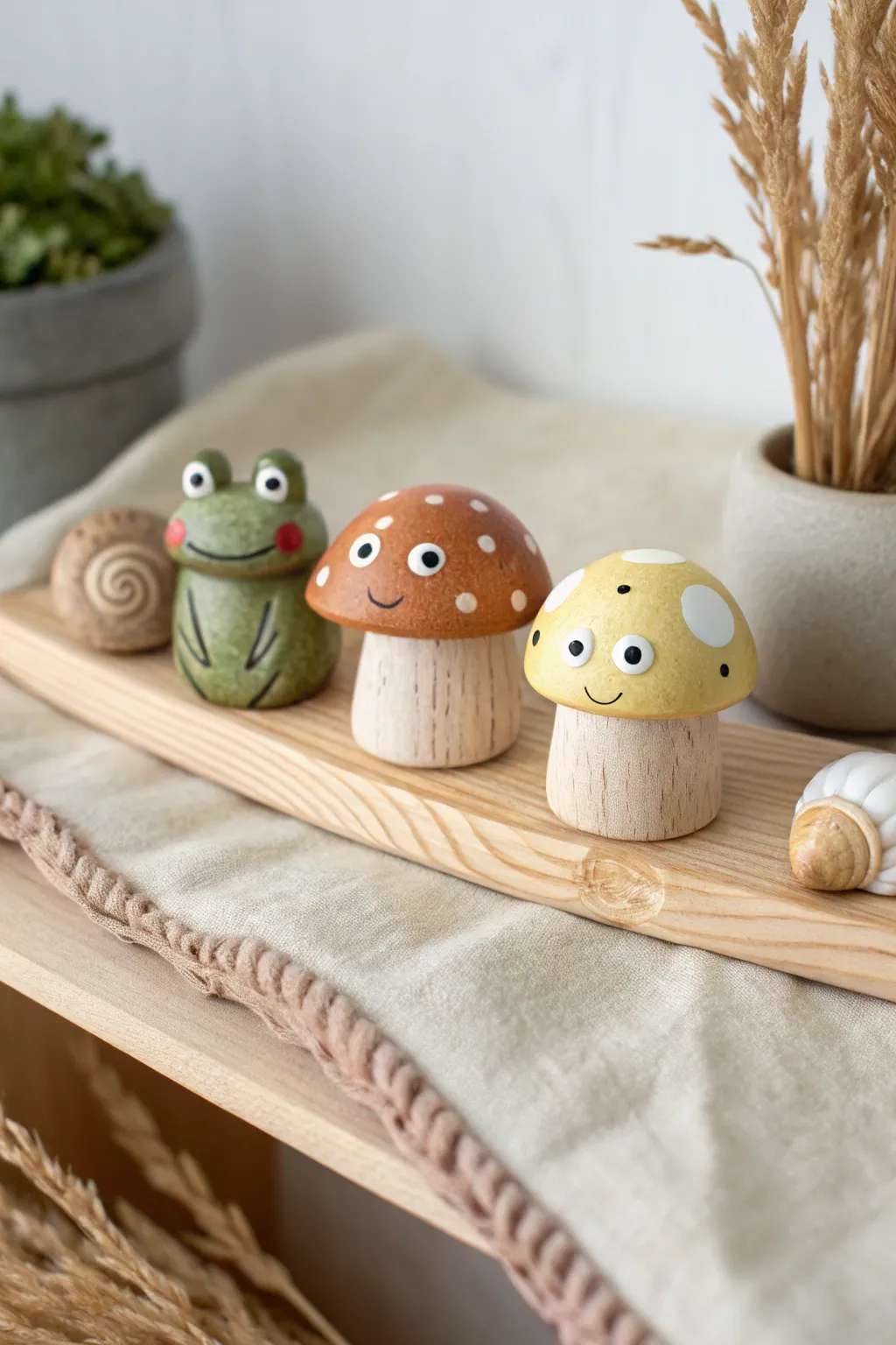 Tiny clay shelf friends: mini frog, snail, and mushroom for cozy minimalist-boho charm