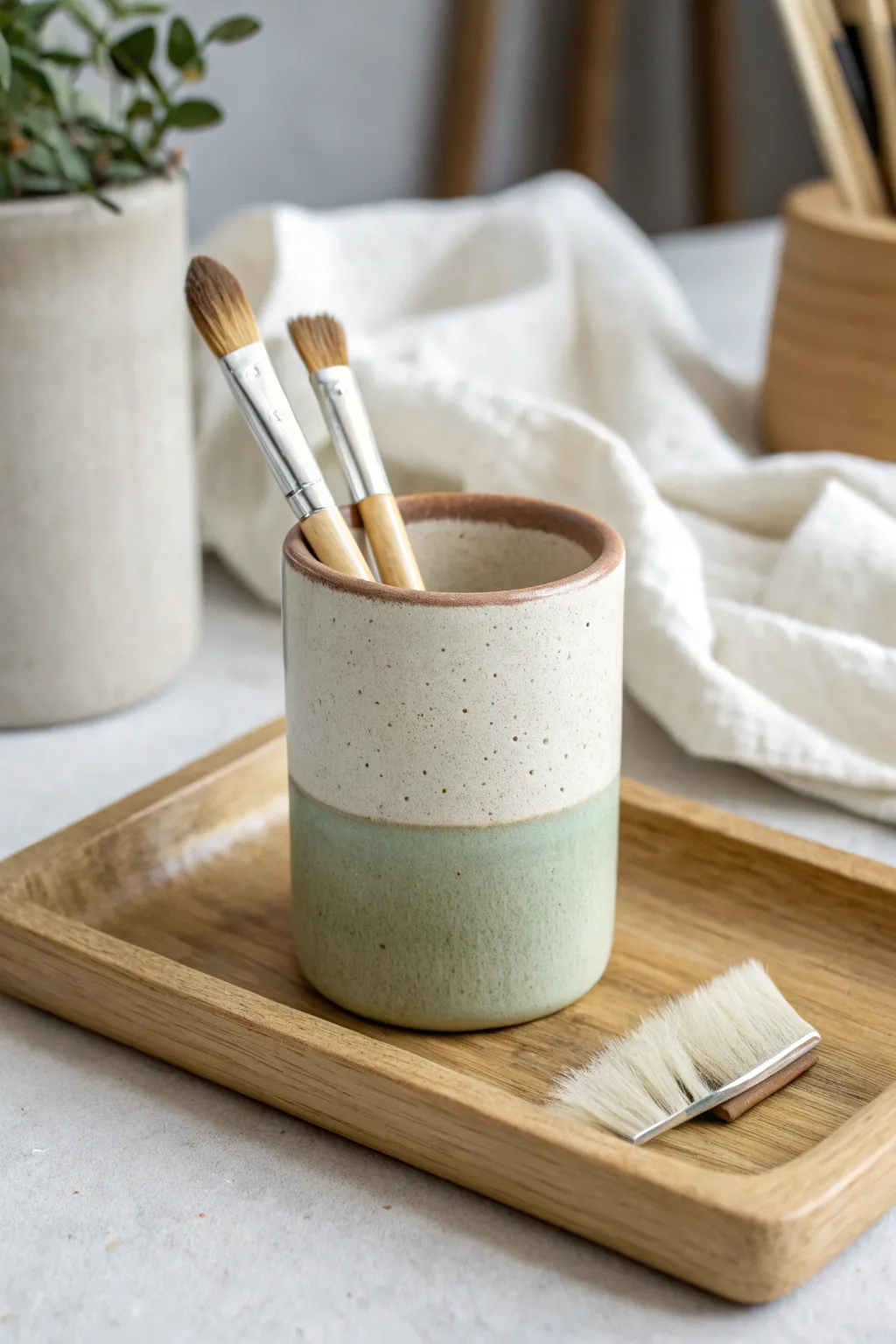 Easy two-tone clay cup in cream and sage, the perfect minimalist catch-all for your vanity.