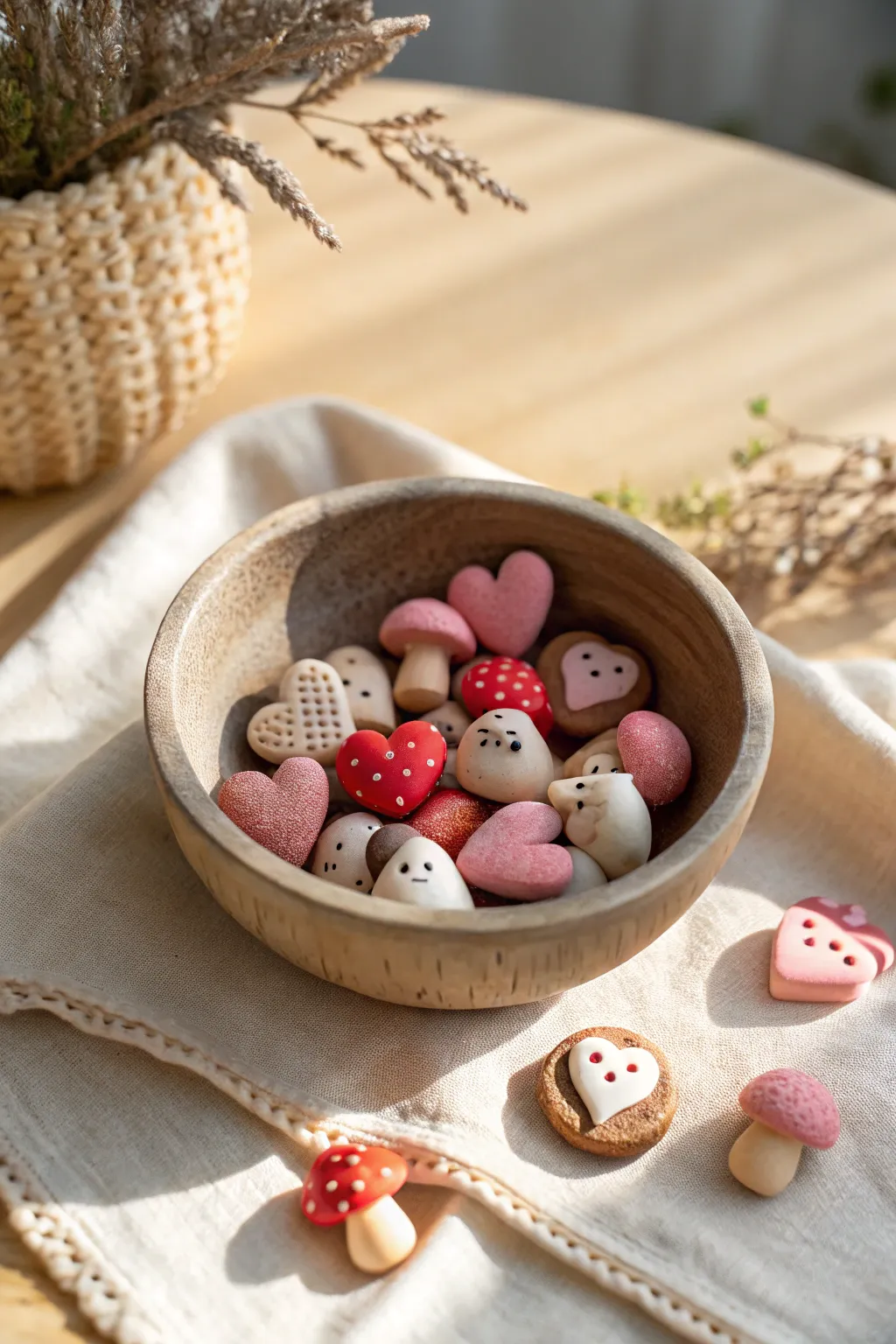 Mini treasure bowl packed with pastel polymer clay charms for a cozy hoard style display.