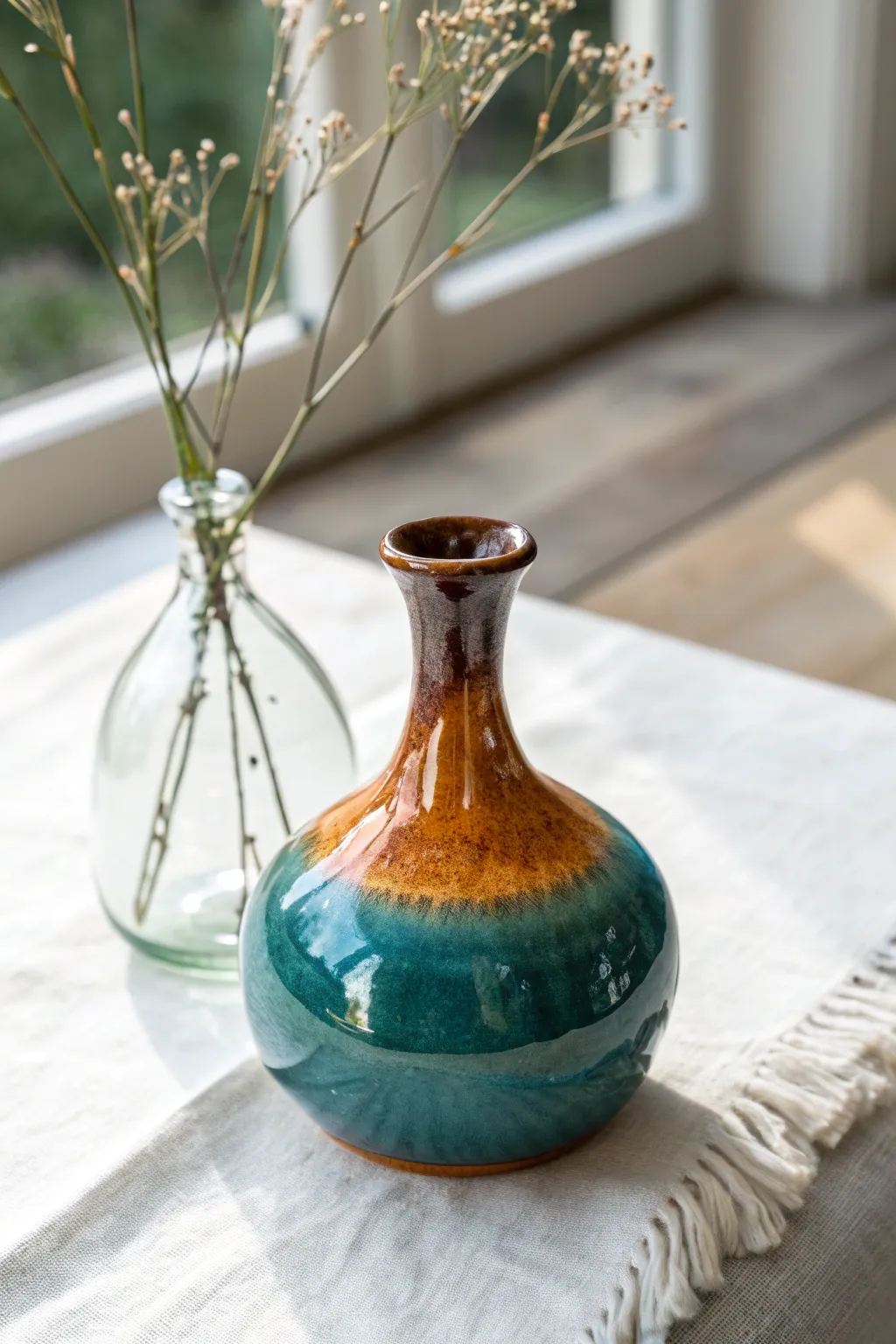 Potion-style bud vase with translucent glossy glaze, minimalist Scandinavian mood and a bold color pop