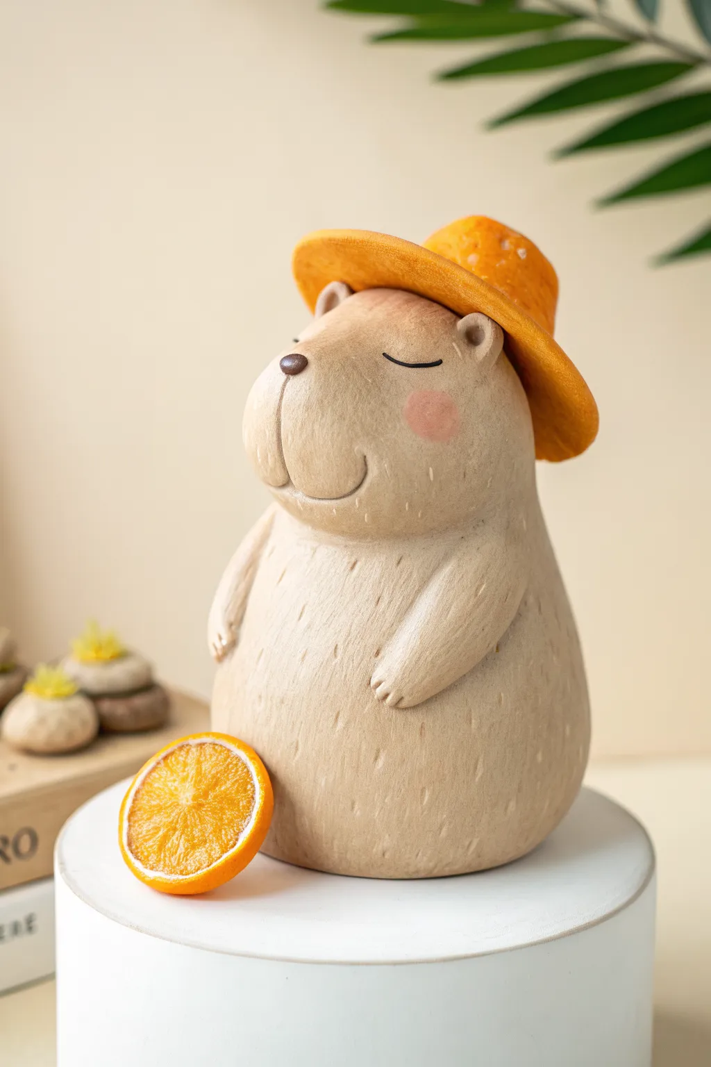 Cute air-clay capybara with a bright citrus hat, minimalist and cozy for your next project.