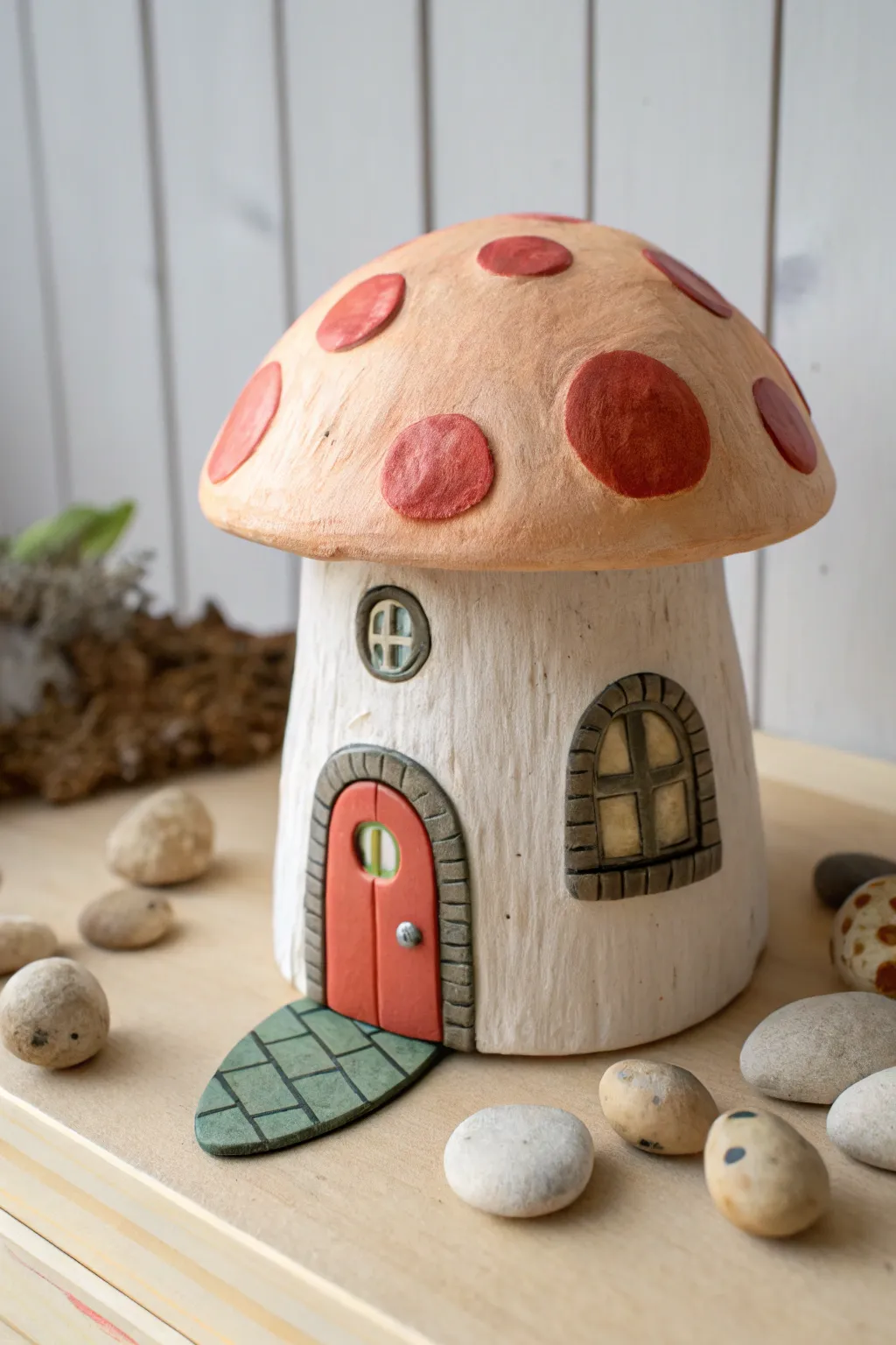 Whimsical air clay mushroom fairy house in earthy tones, minimal boho styling, storybook charm.