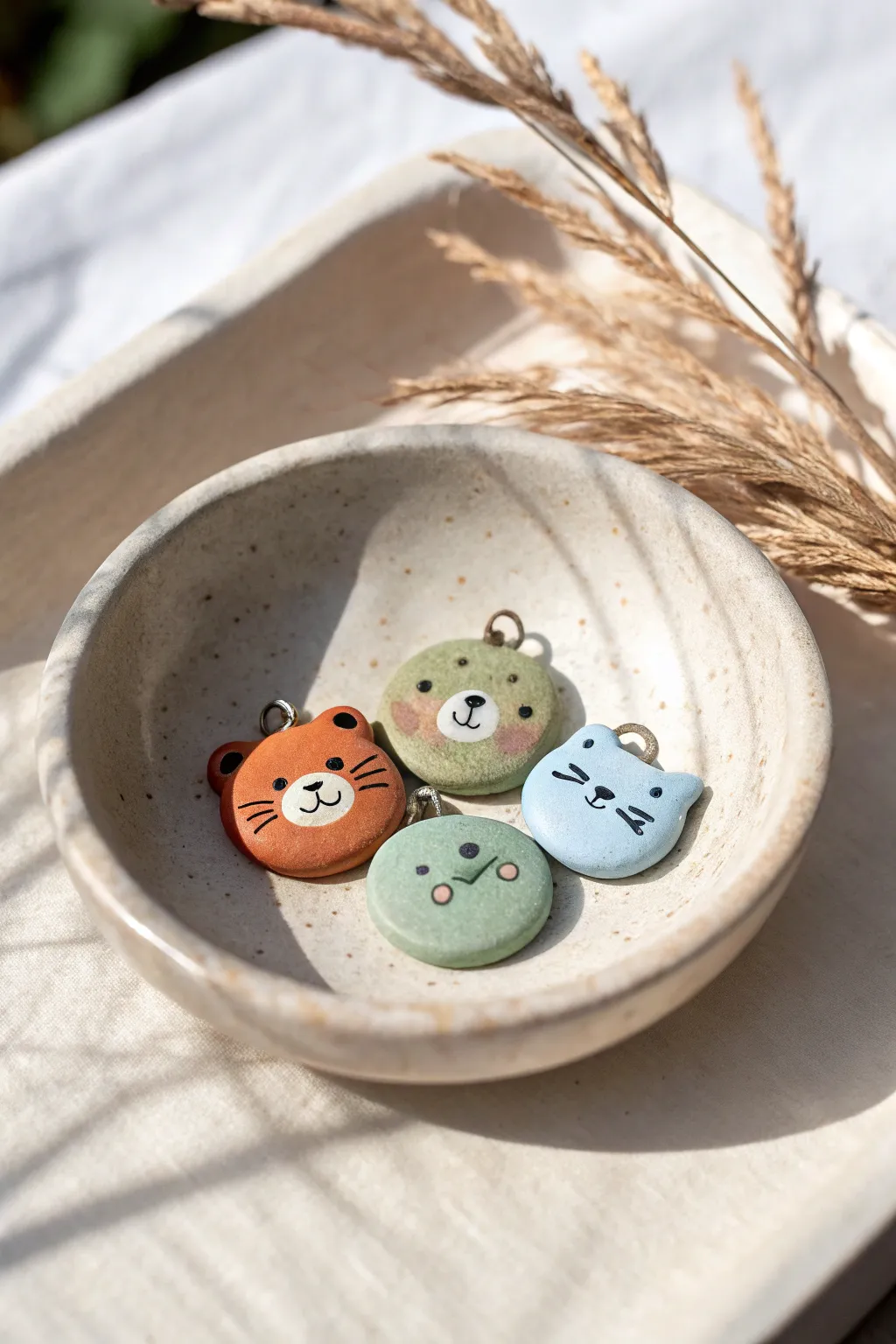 Tiny air-dry clay animal charms in bold minimalist colors, perfect for easy cute DIY gifts