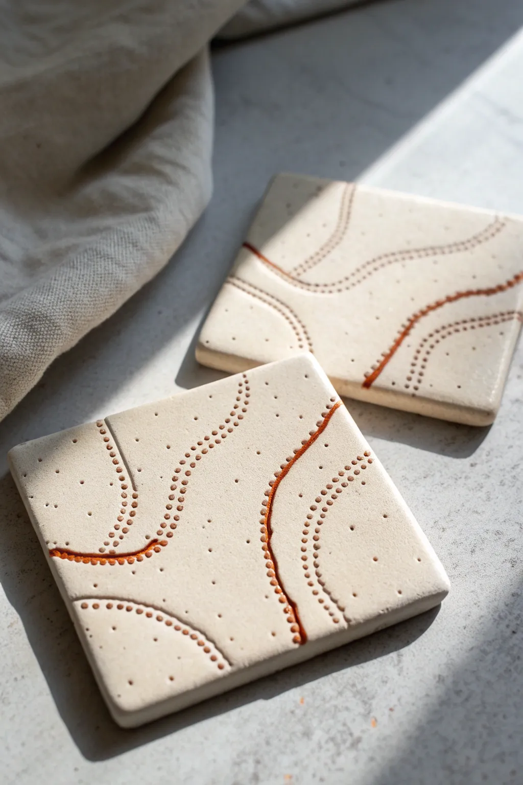 Minimal memory map clay tiles in bold accent color, a sweet air clay date keepsake.