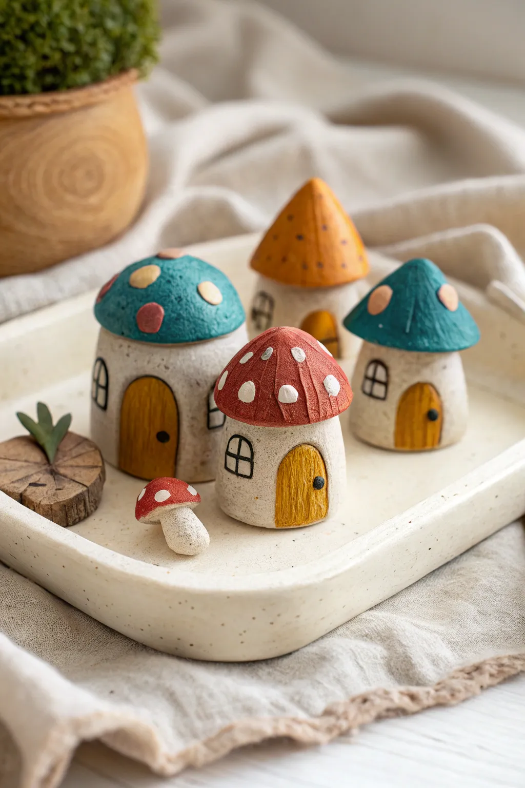 Tiny air clay fairy village on a minimalist tray, earthy tones with bold boho color pops.